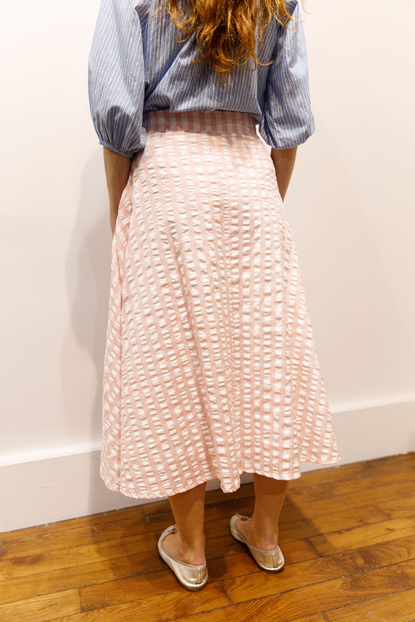 Jupe midi seersucker rose – Parasola