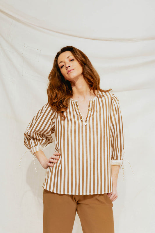 Blouse à rayures beiges et blanches - Parasol