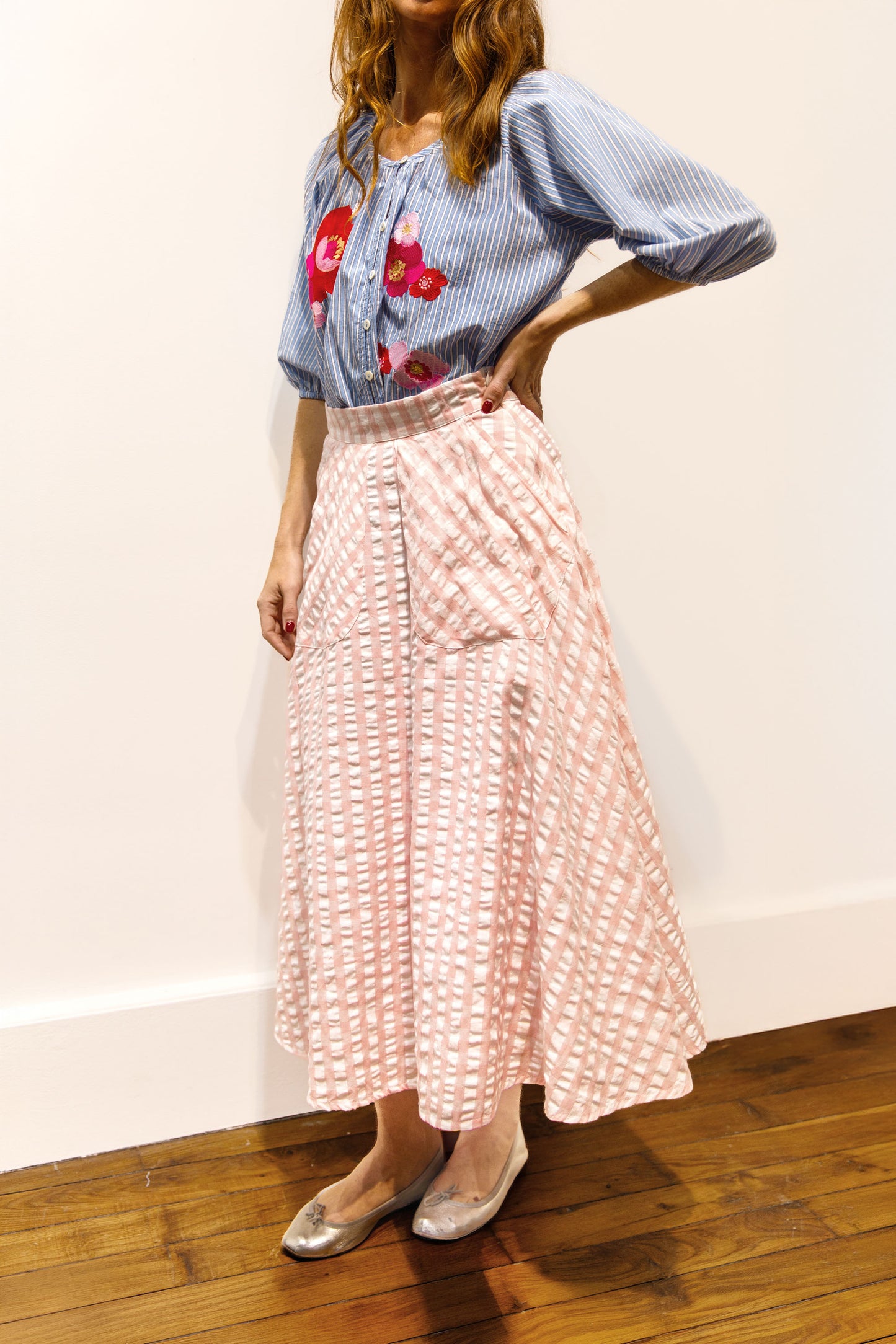 Jupe midi seersucker rose – Parasola