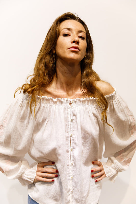 Blouse crépon coton brodée fleurs – Rosea