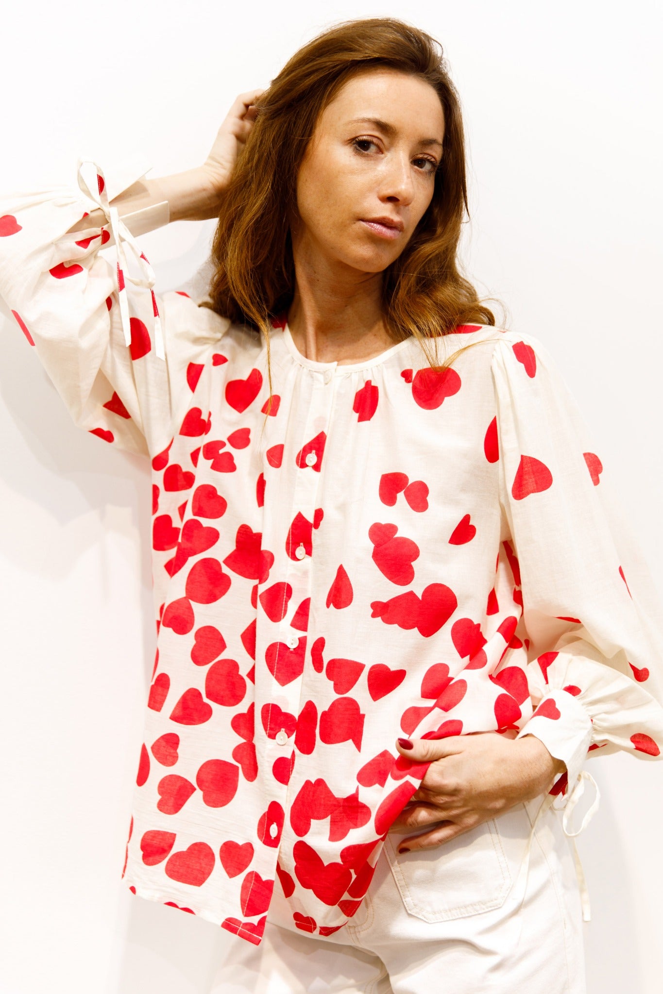 Blouse imprimée cœurs à manches longues – Sourire